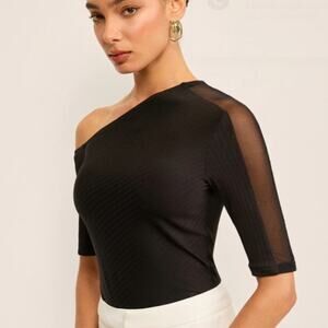 CMMNENSE Women’s Off-Shoulder Mesh Detail Top Black, Ribbed Stretch, NWT Size L